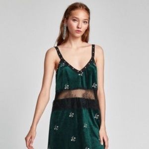 Zara women’s mini dress Green delicate crushed velvet black lace silver studding